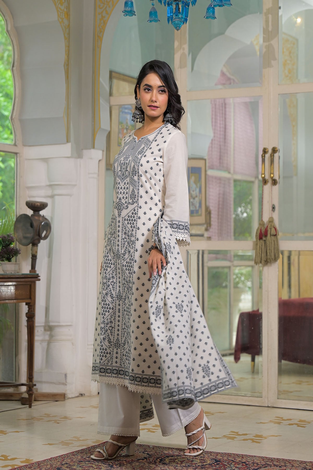 White Embroidered Straight-Cut Cotton Suit