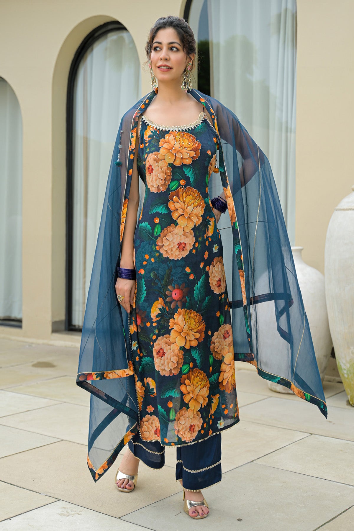Navy Blue Chinon Handwork Suit Set