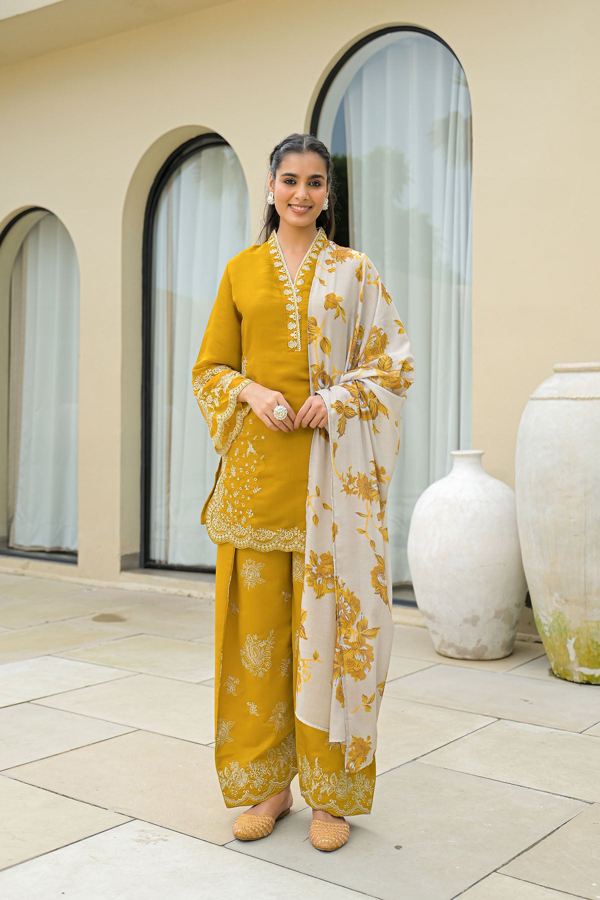 Mustard Solid Chanderi Embroidered Farsi Salwar Set