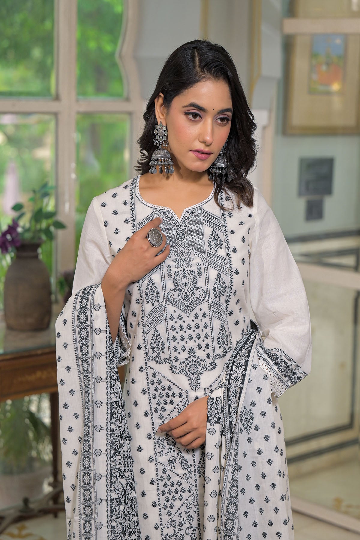 White Embroidered Straight-Cut Cotton Suit