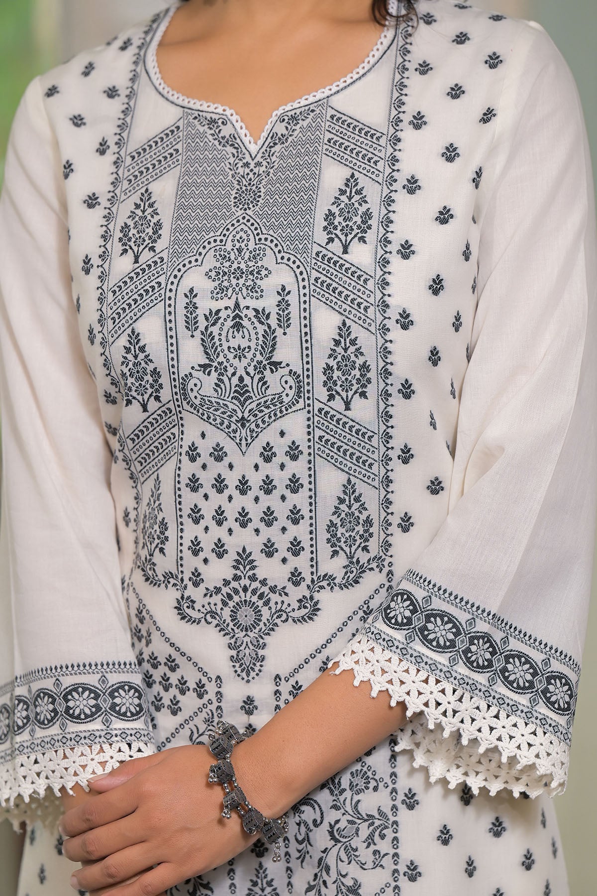 White Embroidered Straight-Cut Cotton Suit