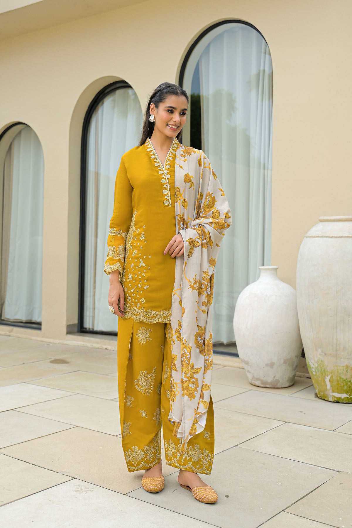 Mustard Solid Chanderi Embroidered Farsi Salwar Set