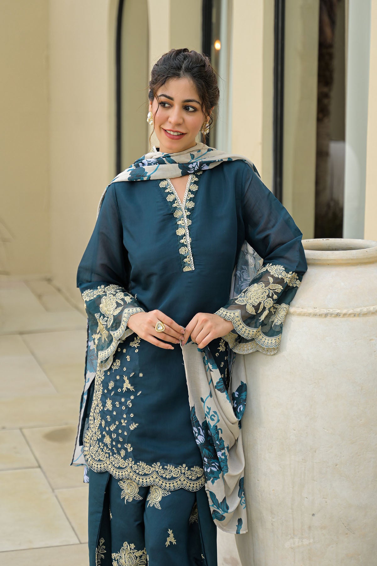 Blue Solid Chanderi Embroidered Farsi Salwar Set