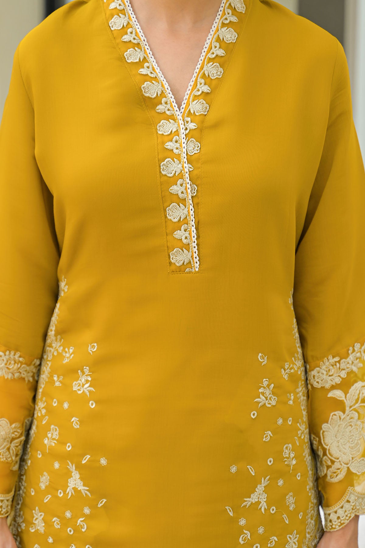 Mustard Solid Chanderi Embroidered Farsi Salwar Set