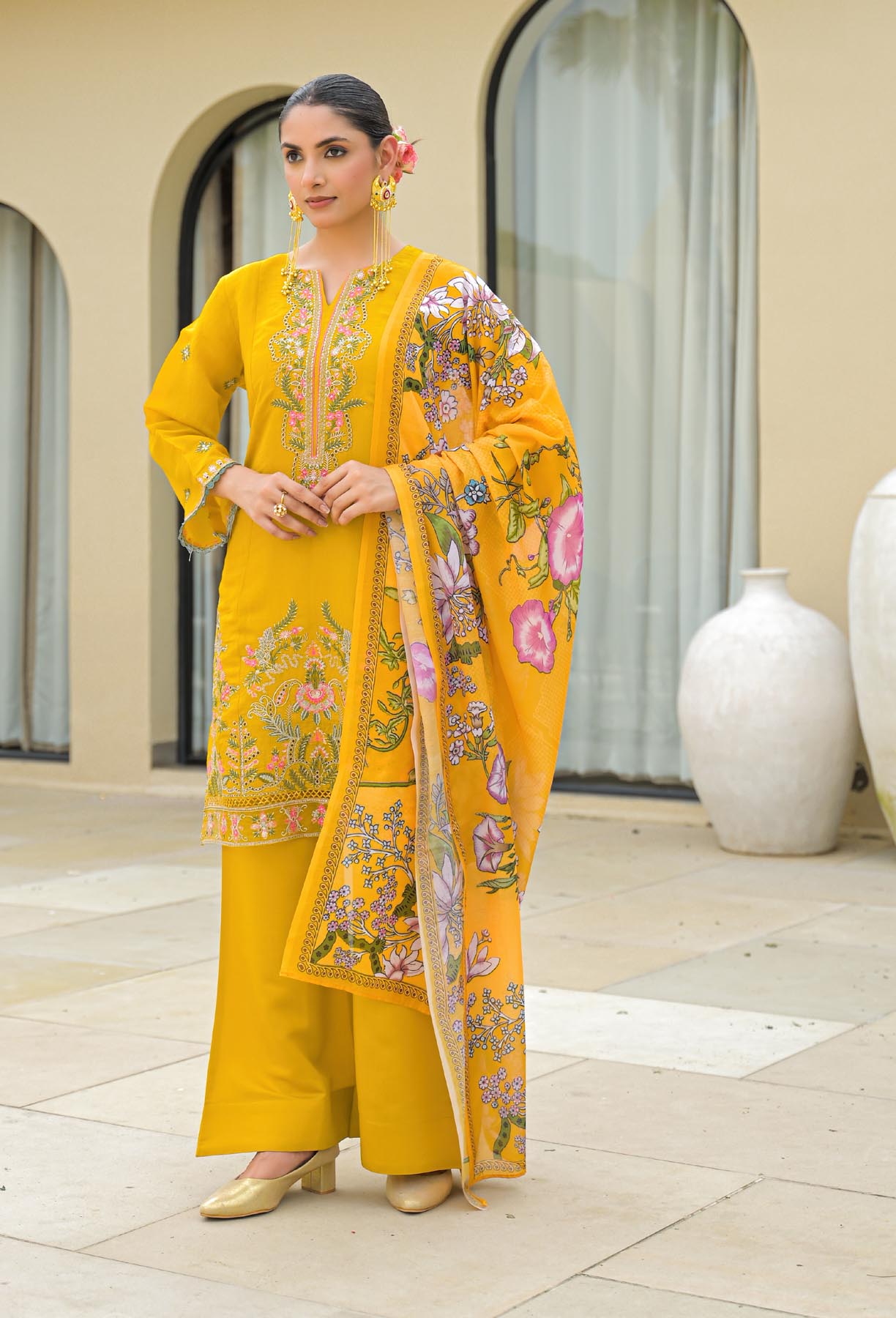 Yellow Mul Chanderi Embroidered Straight Cut Suit Set | Bairaas