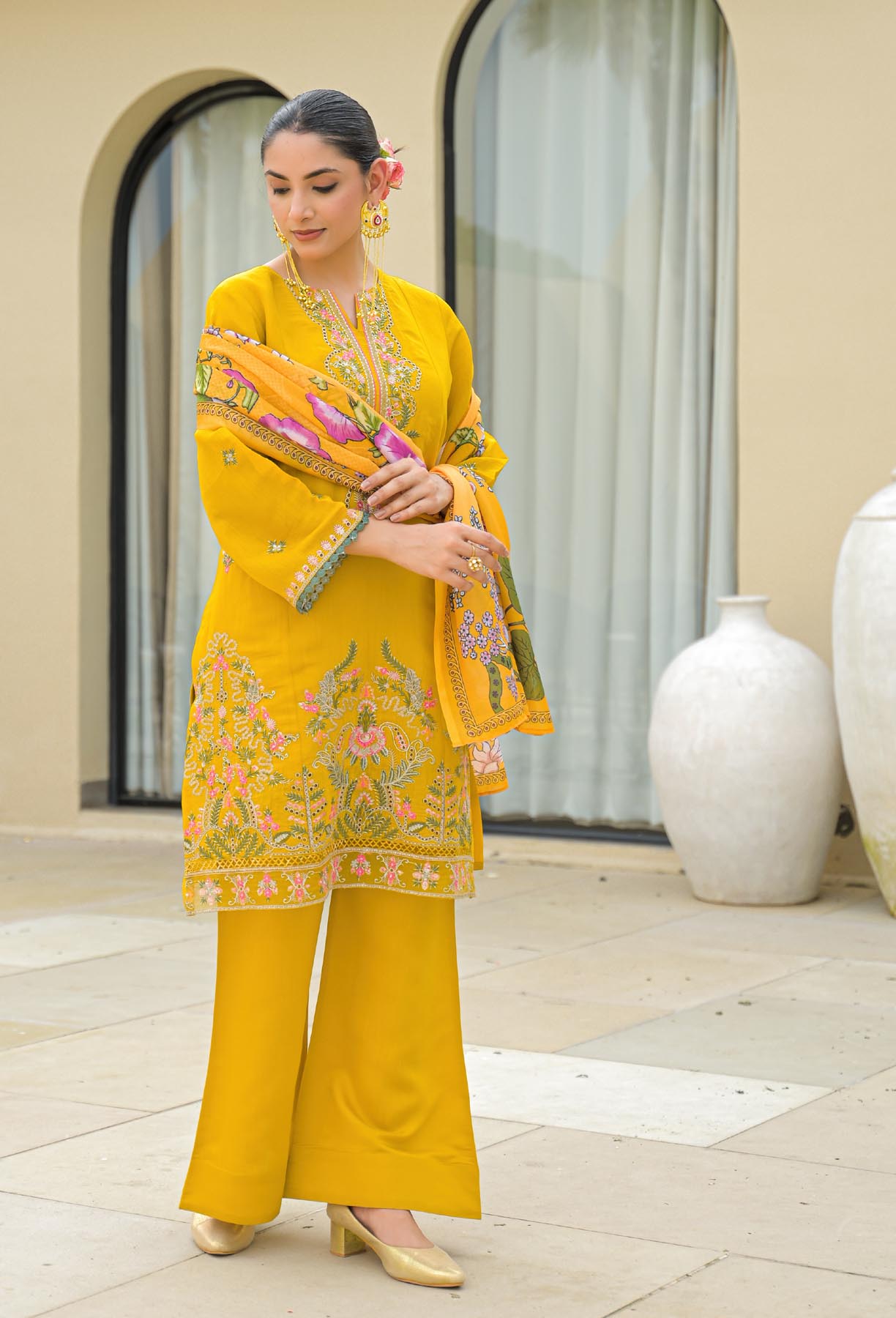 Yellow Mul Chanderi Embroidered Straight Cut Suit Set | Bairaas