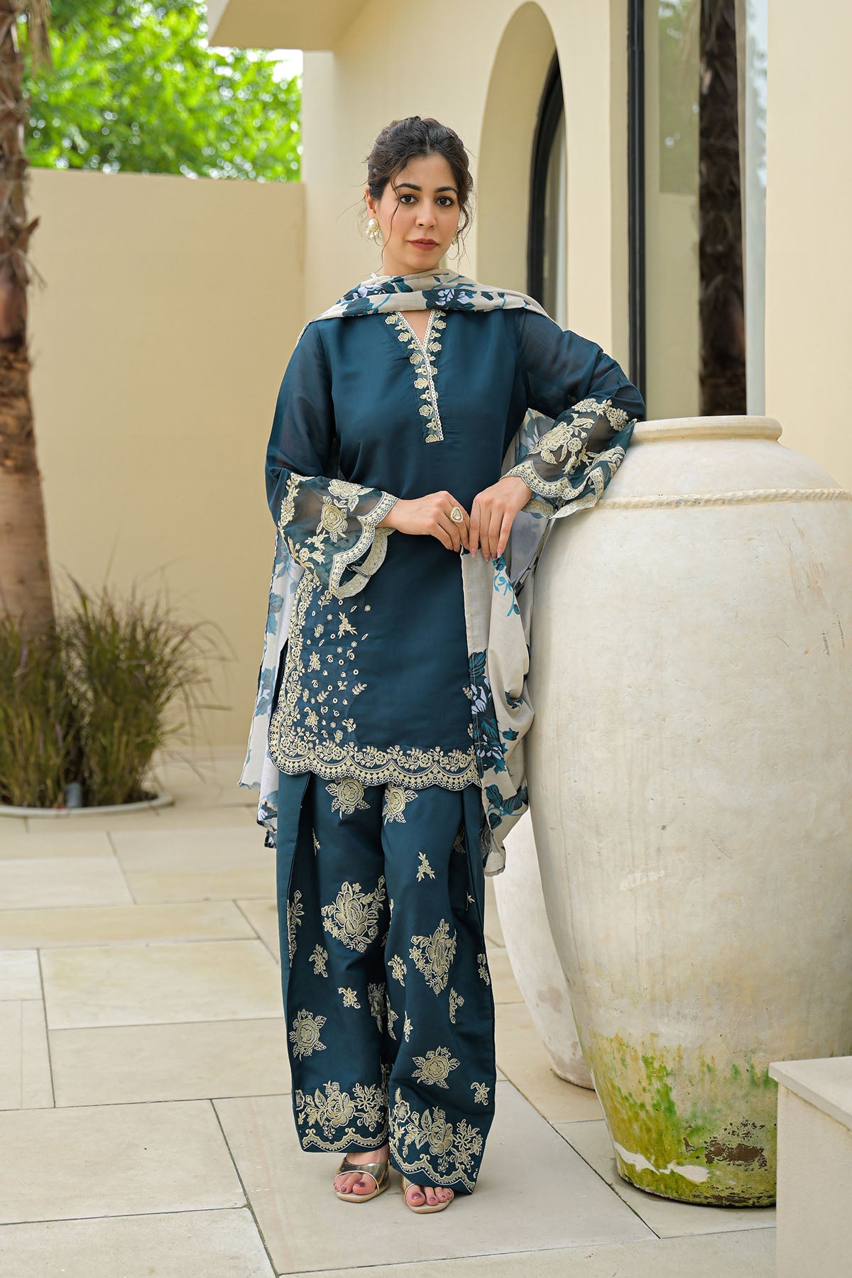 Blue Solid Chanderi Embroidered Farsi Salwar Set