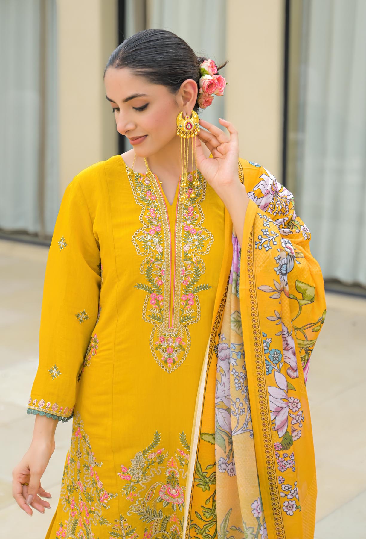 Yellow Mul Chanderi Embroidered Straight Cut Suit Set | Bairaas