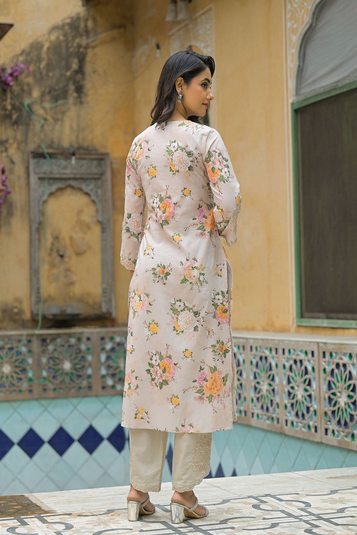 Beige Multicolor Cotton Straight-Cut Printed Suit
