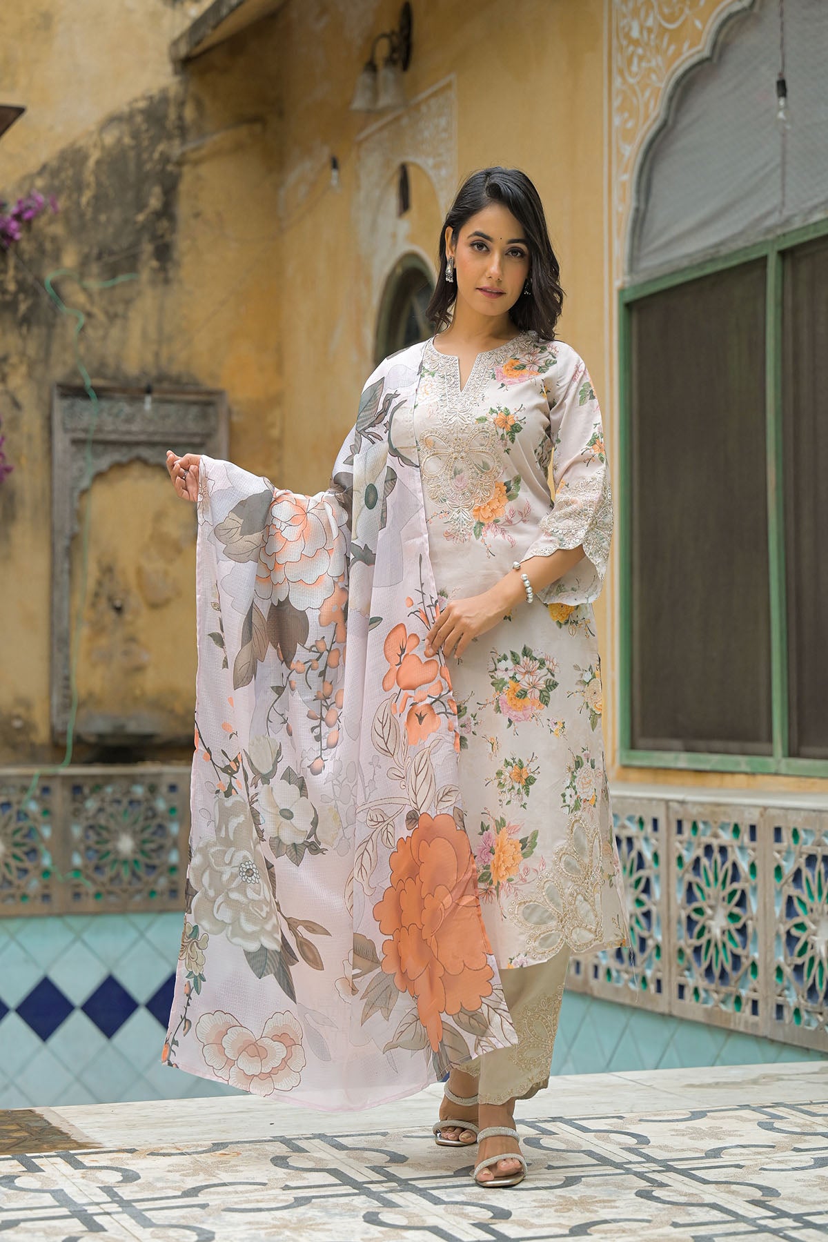 Beige Multicolor Cotton Straight-Cut Printed Suit