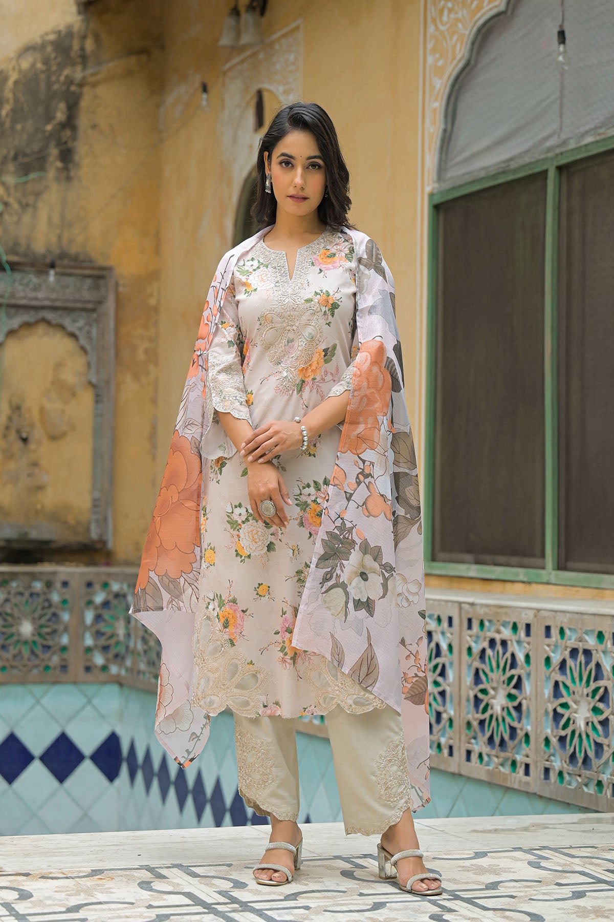 Beige Multicolor Cotton Straight-Cut Printed Suit