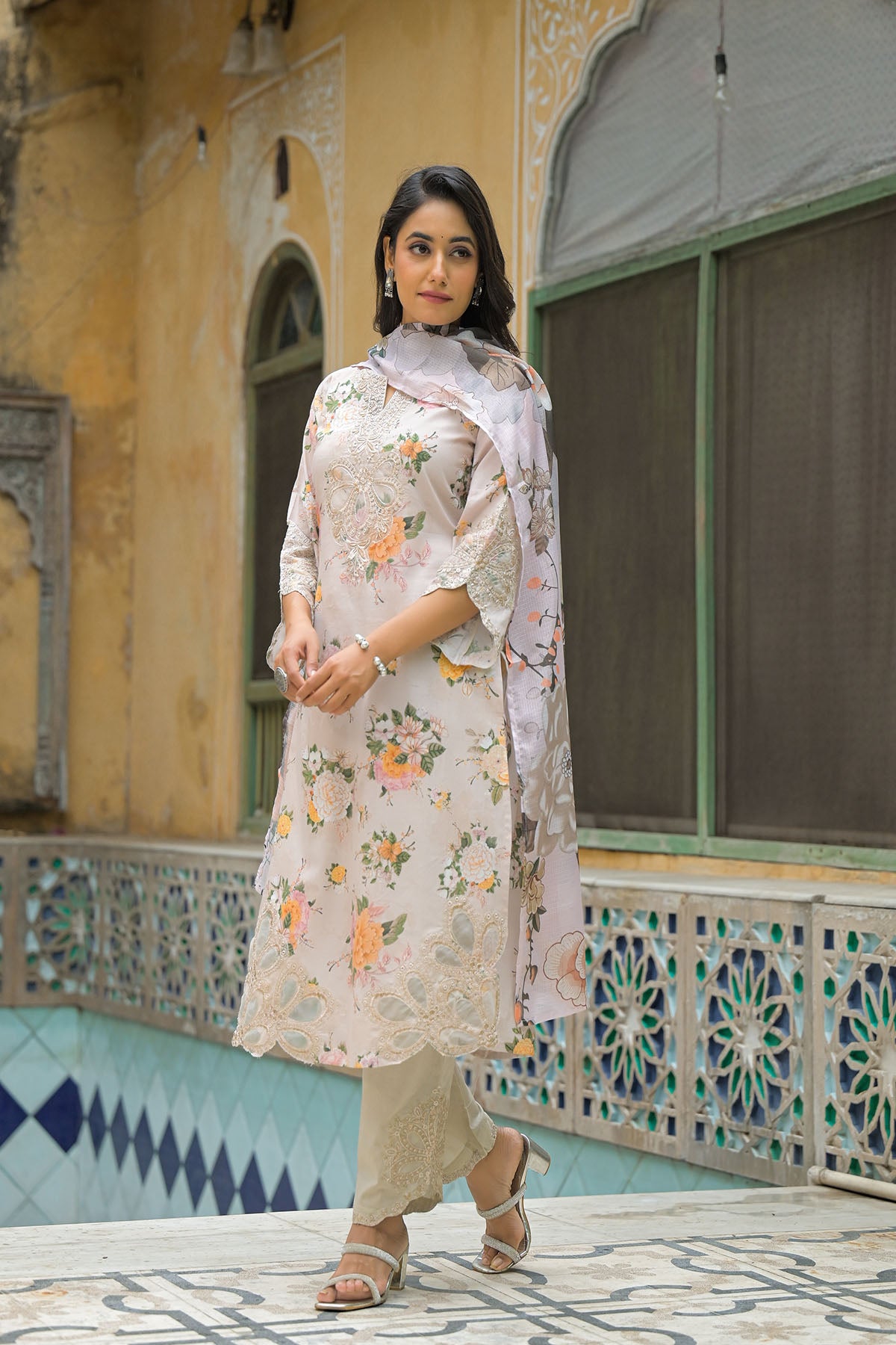 Beige Multicolor Cotton Straight-Cut Printed Suit