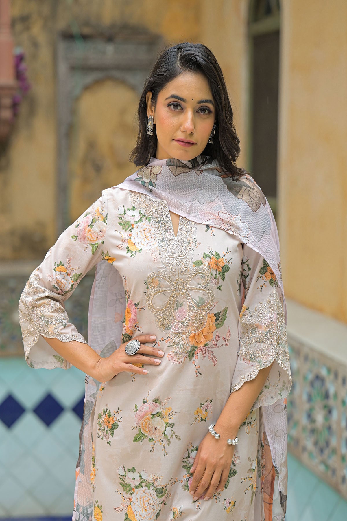 Beige Multicolor Cotton Straight-Cut Printed Suit
