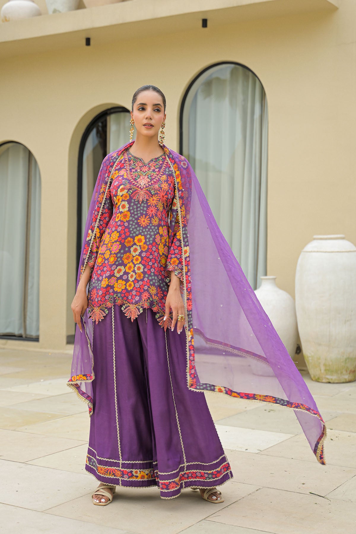 Purple Crepe Embroidered Sharara Set