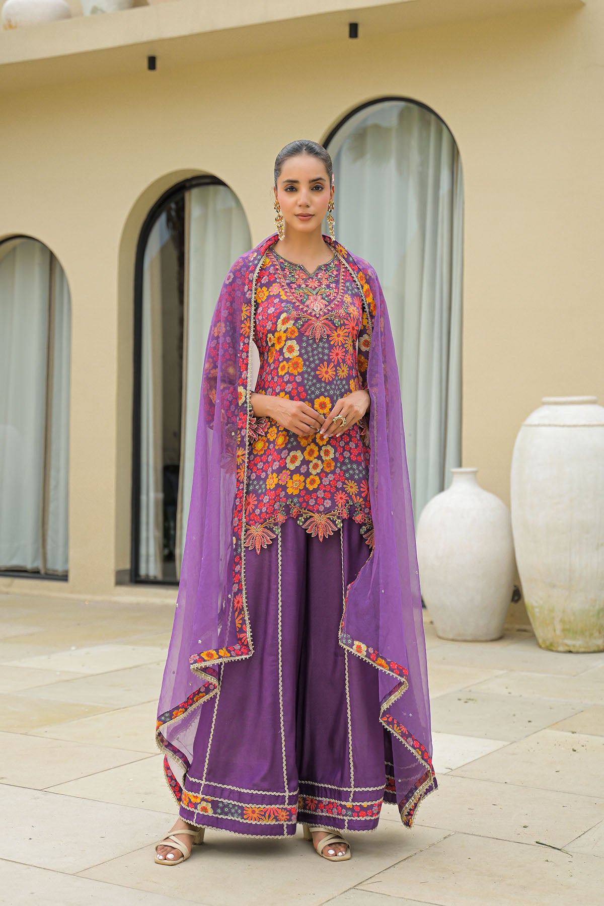 Purple Crepe Embroidered Sharara Set