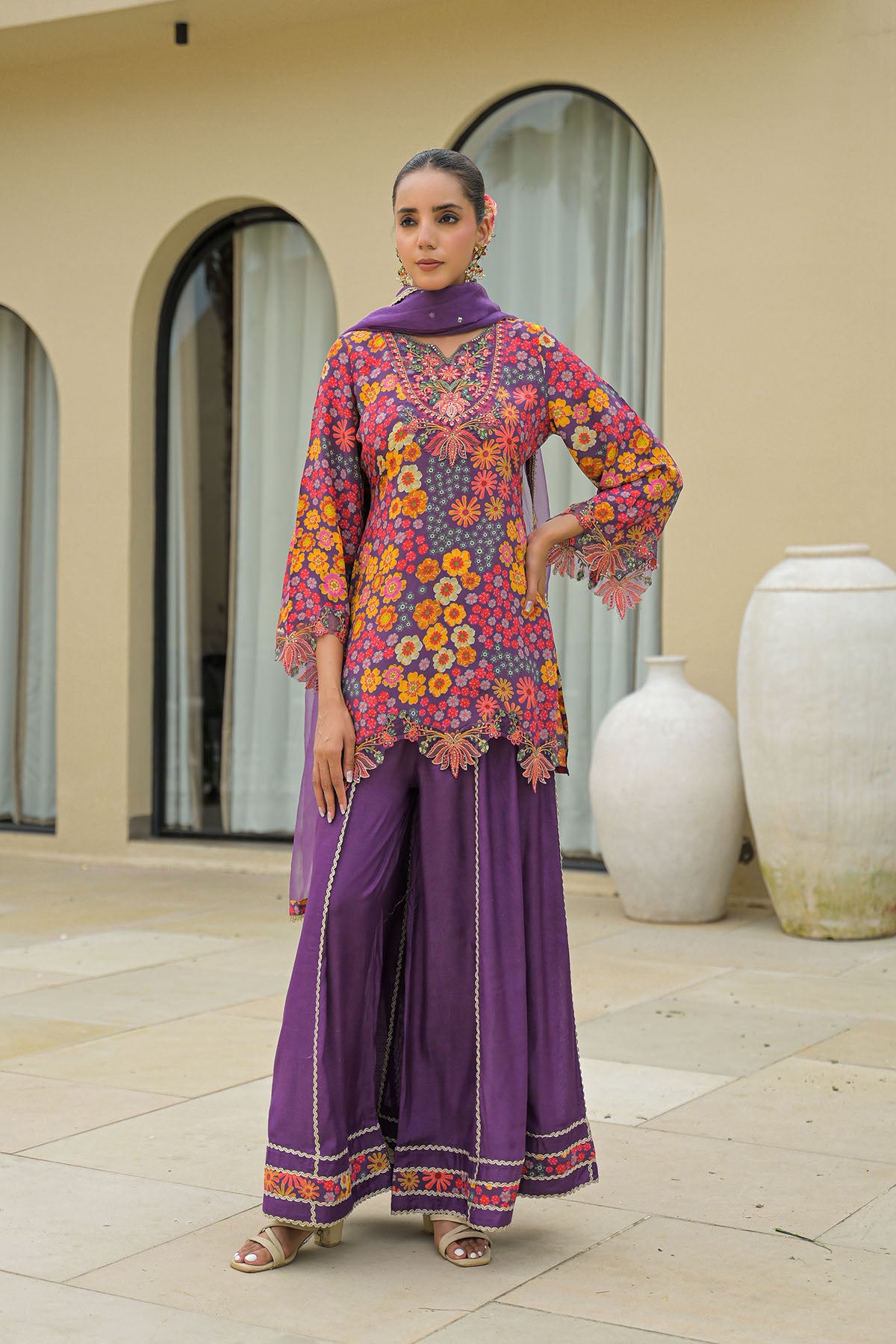 Purple Crepe Embroidered Sharara Set