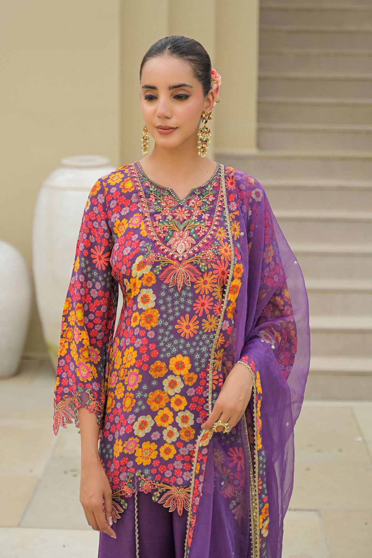 Purple Crepe Embroidered Sharara Set