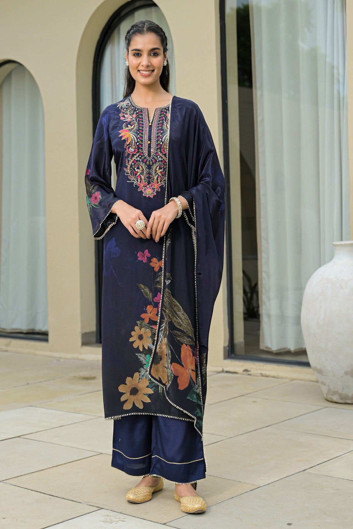 Navy Blue Viscose Crepe Embroidered Suit Set