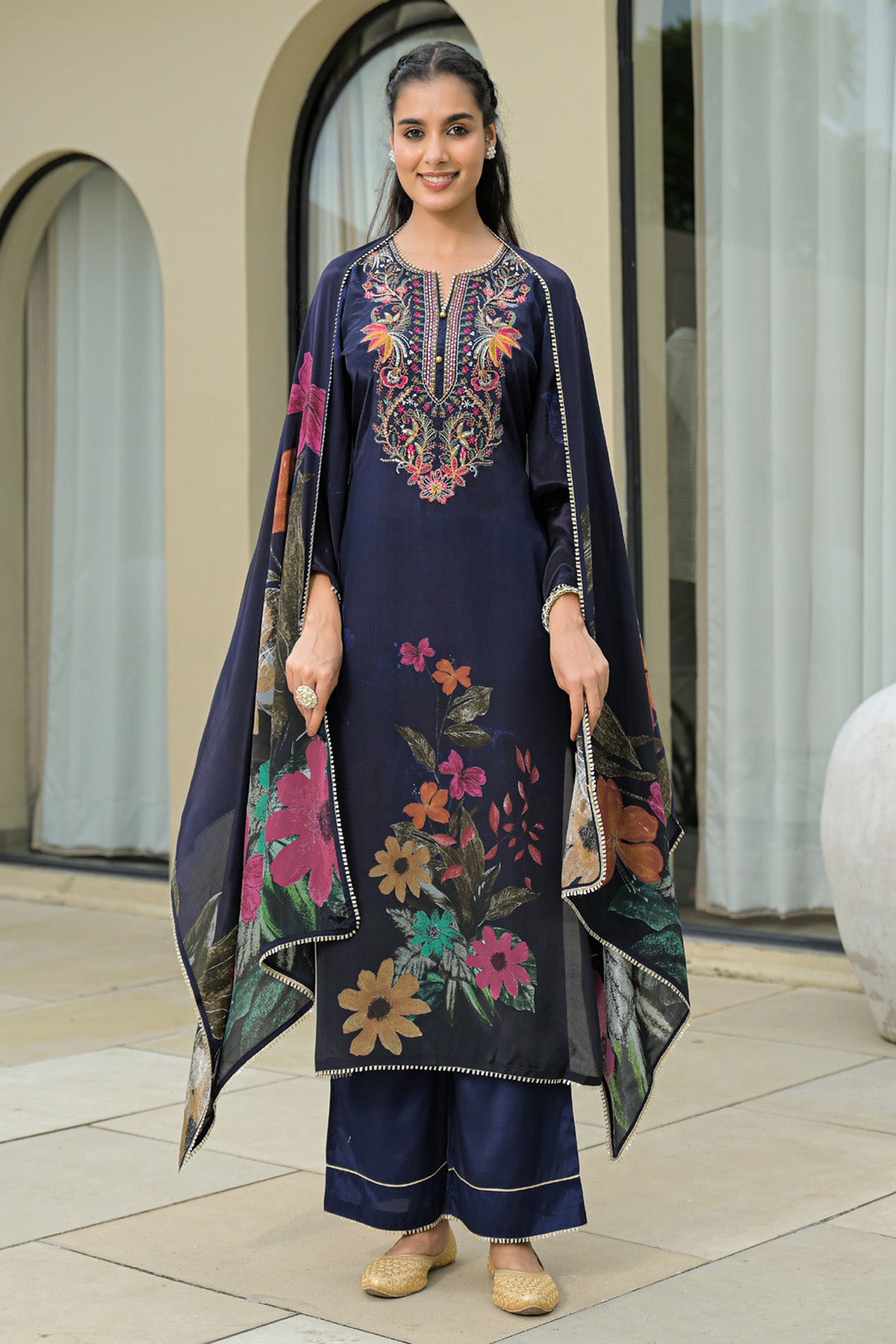 Navy Blue Viscose Crepe Embroidered Suit Set