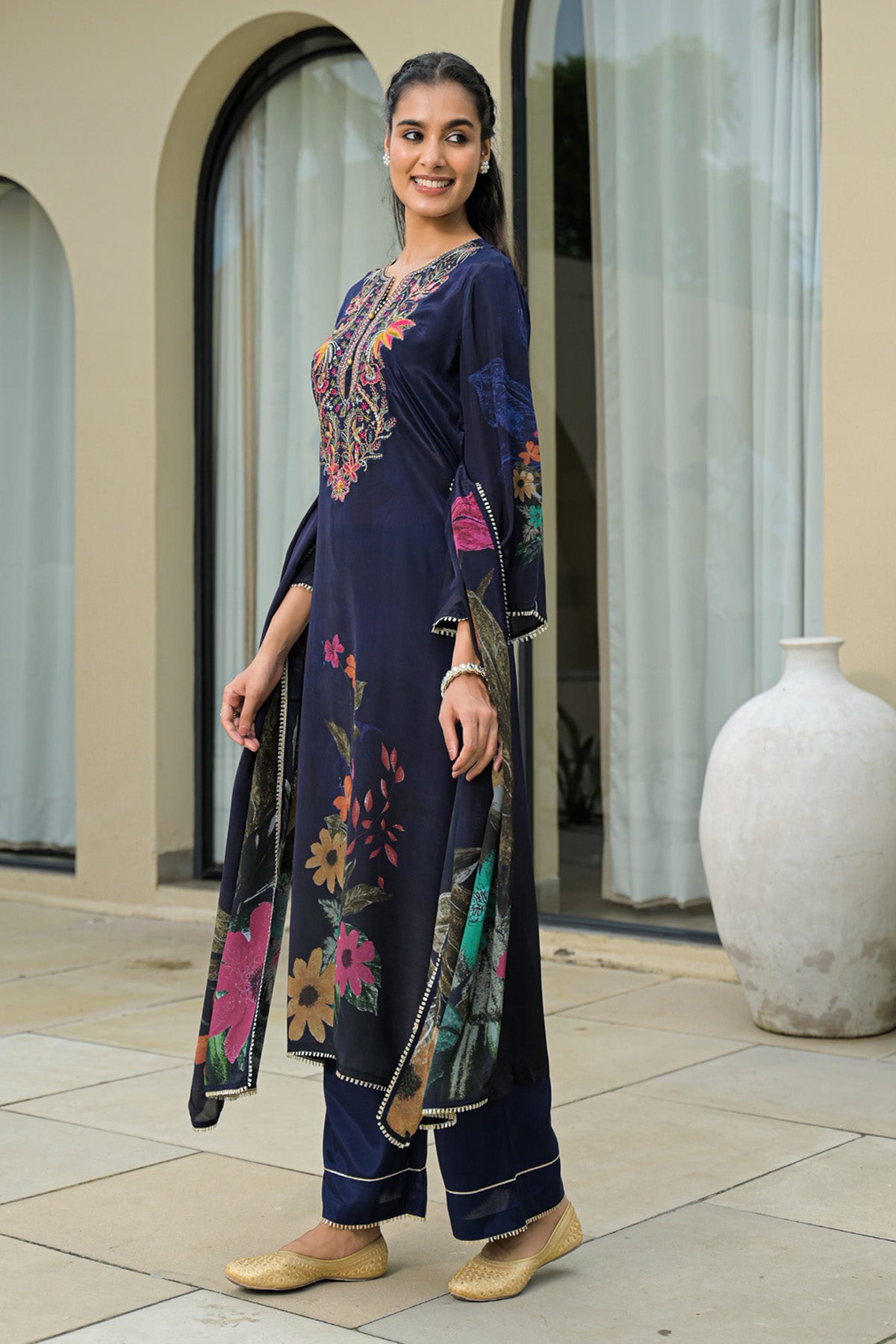Navy Blue Viscose Crepe Embroidered Suit Set