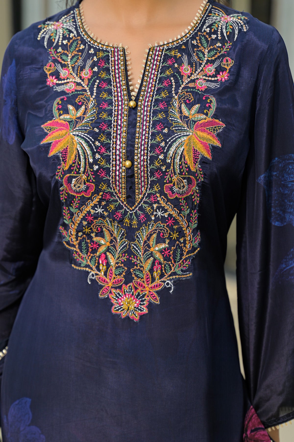 Navy Blue Viscose Crepe Embroidered Suit Set