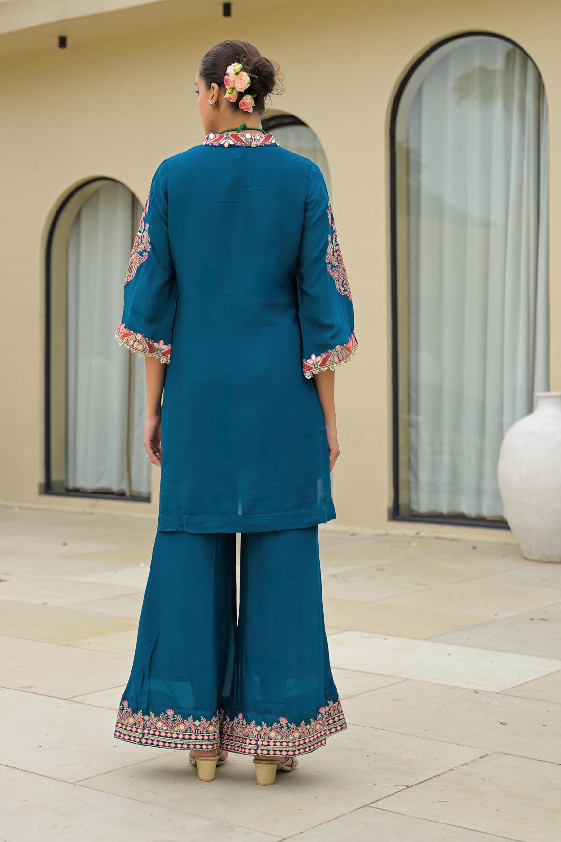 Blue Chinon Embroidered Sharara Set | Bairaas