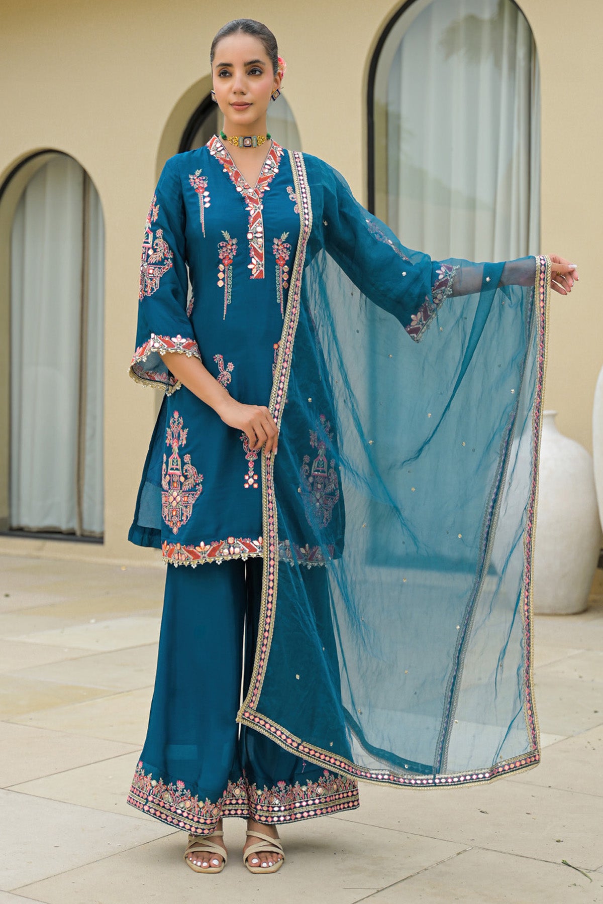 Blue Chinon Handwork Suit Set