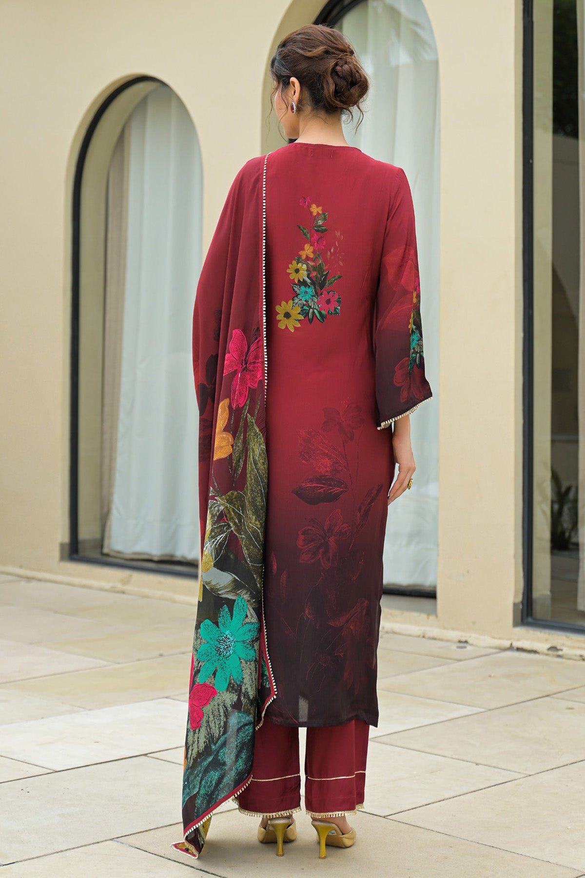 Maroon Viscose Crepe Handwork Suit Set