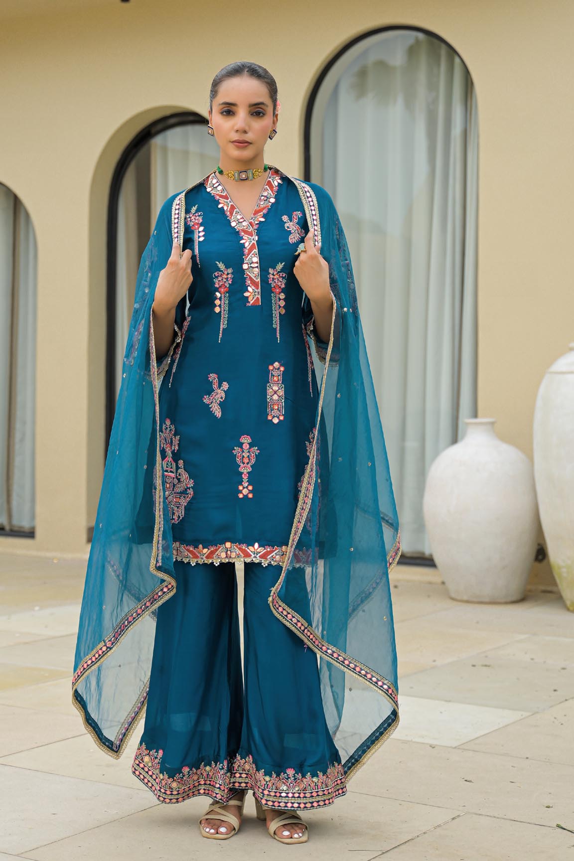 Blue Chinon Embroidered Sharara Set