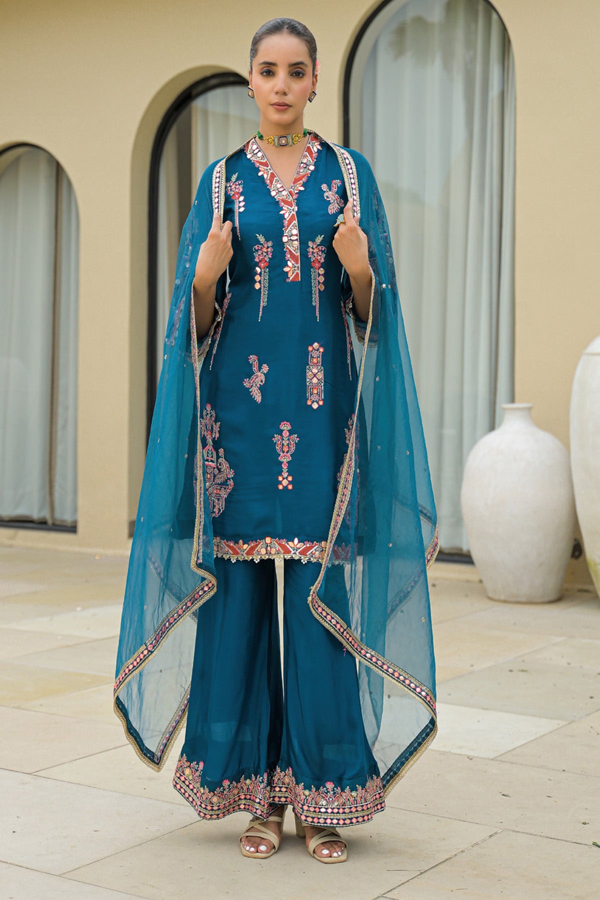 Blue Chinon Handwork Suit Set