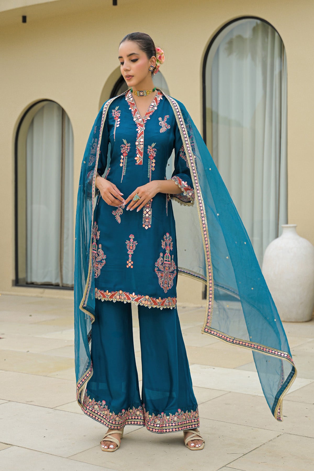 Blue Chinon Handwork Suit Set
