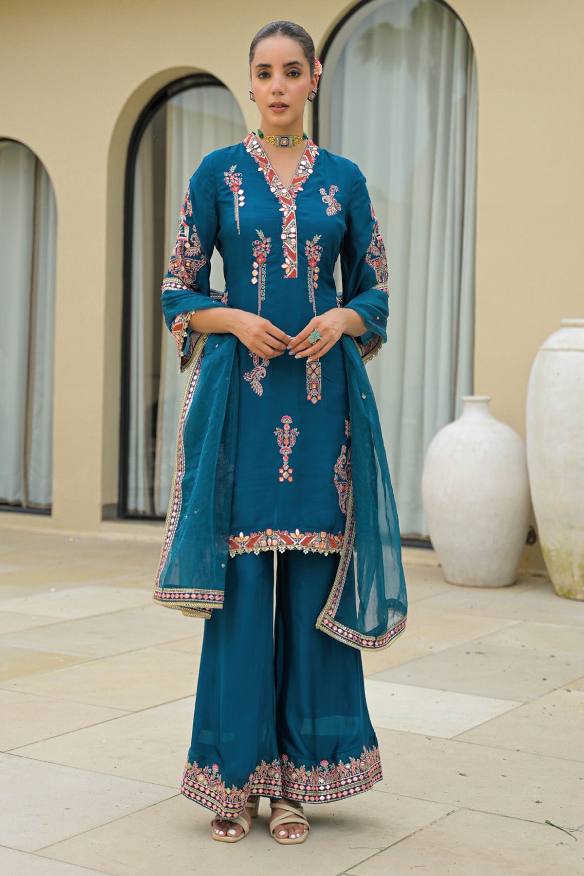 Blue Chinon Handwork Suit Set