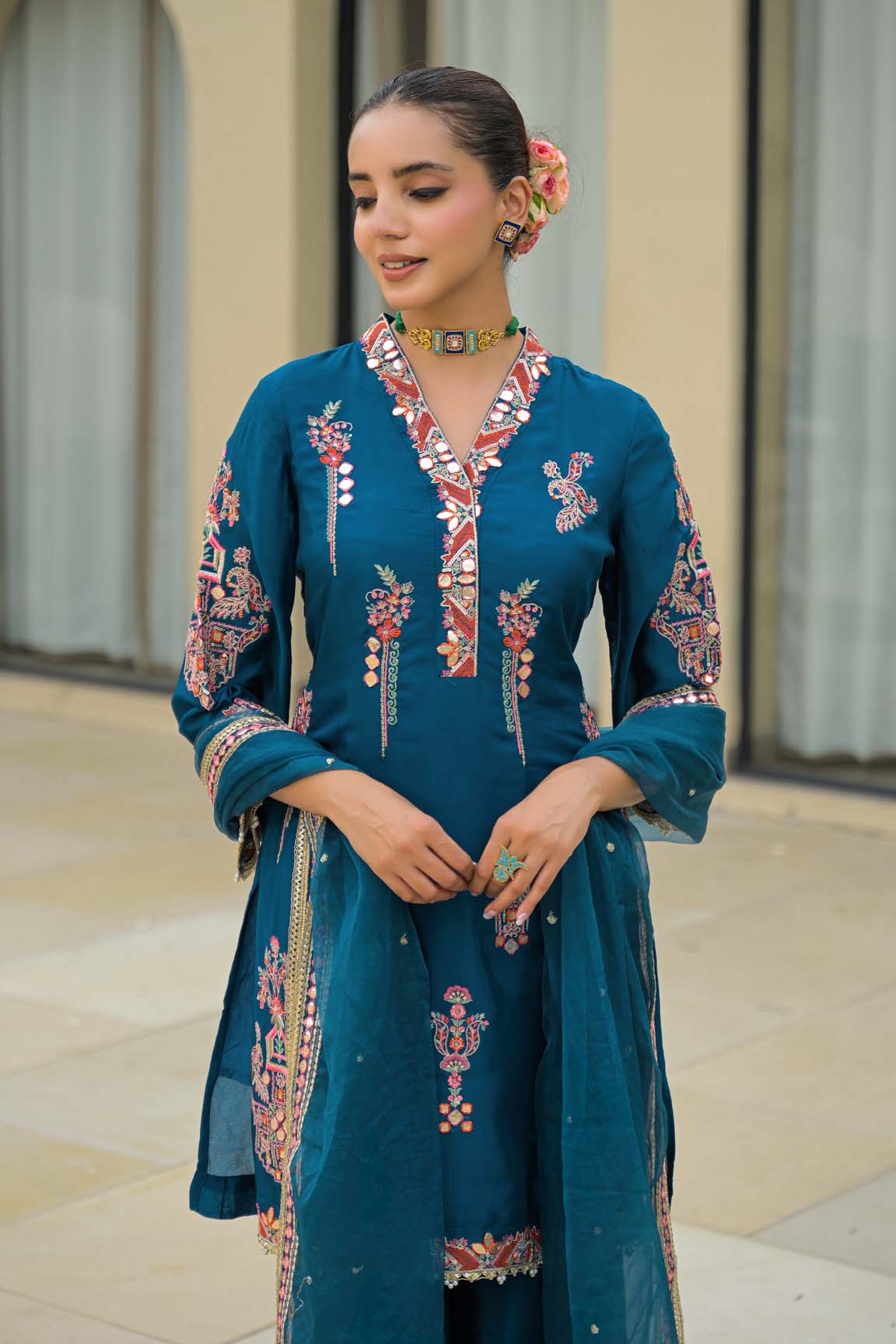 Blue Chinon Embroidered Sharara Set