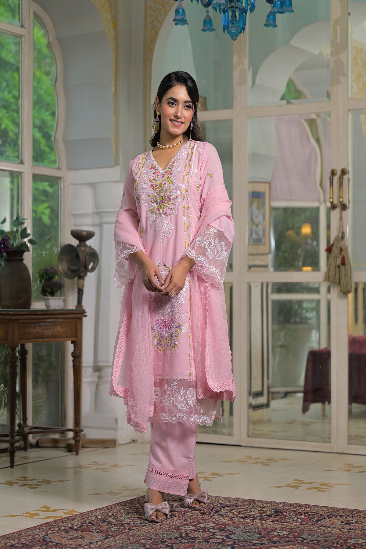 Pink Cotton Embroidered Straight Pakistani Suit