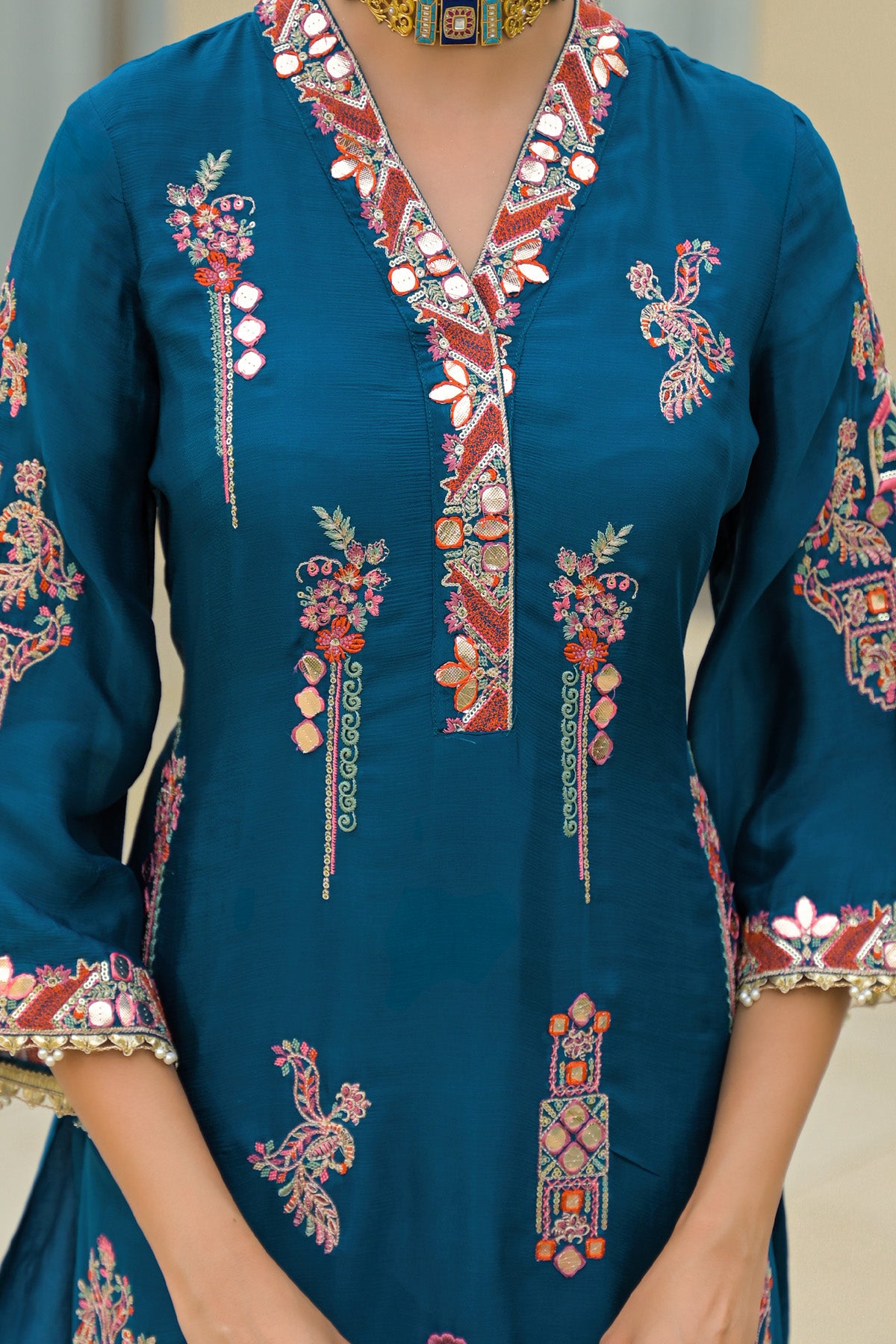 Blue Chinon Handwork Suit Set
