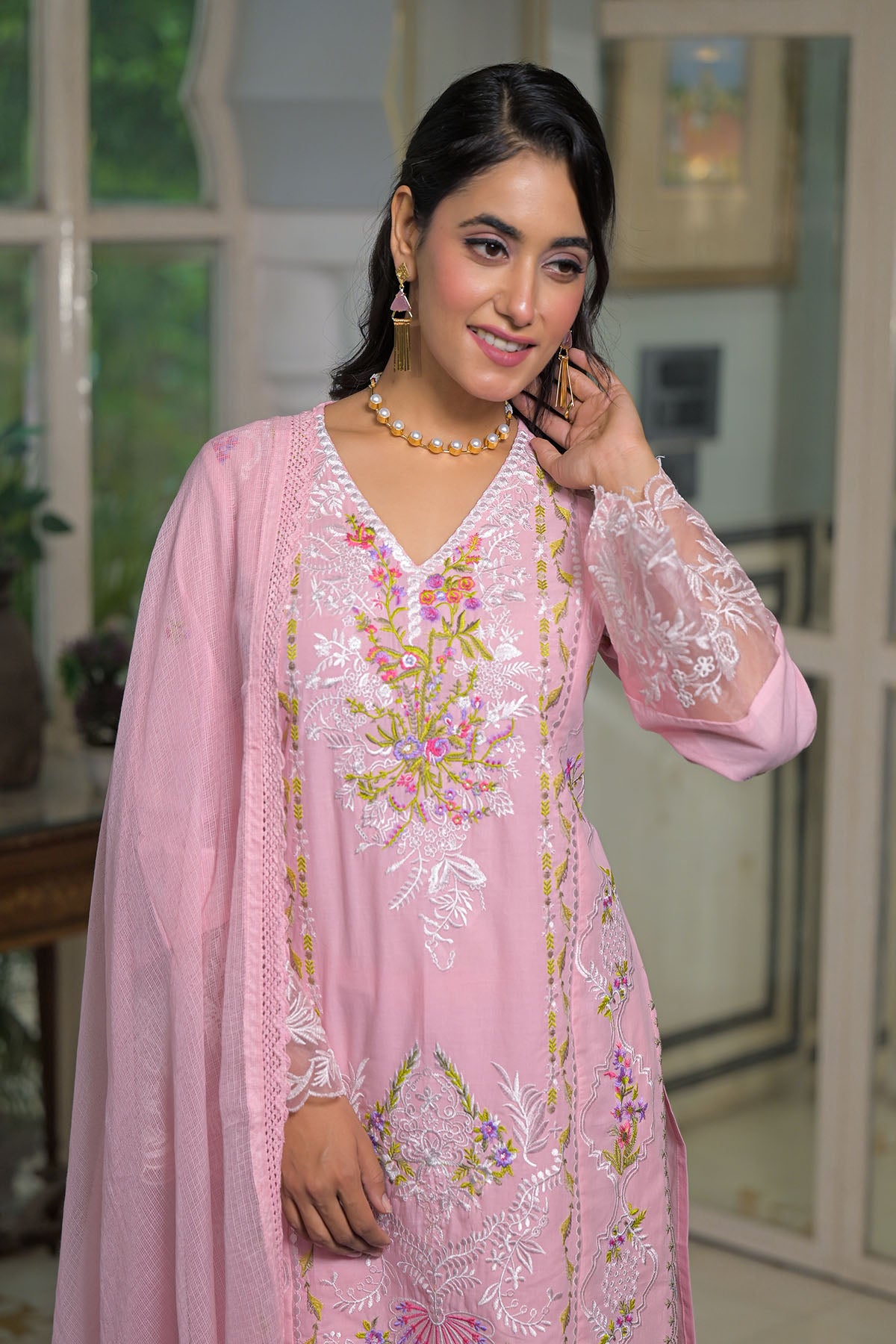 Pink Cotton Embroidered Straight Pakistani Suit