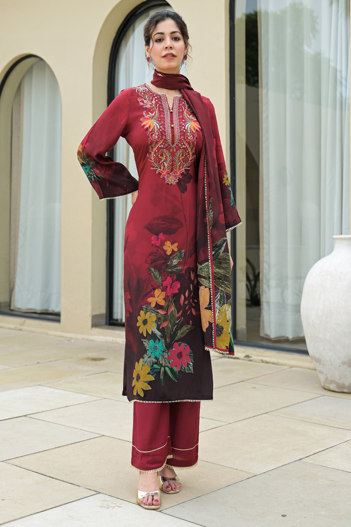 Maroon Viscose Crepe Handwork Suit Set
