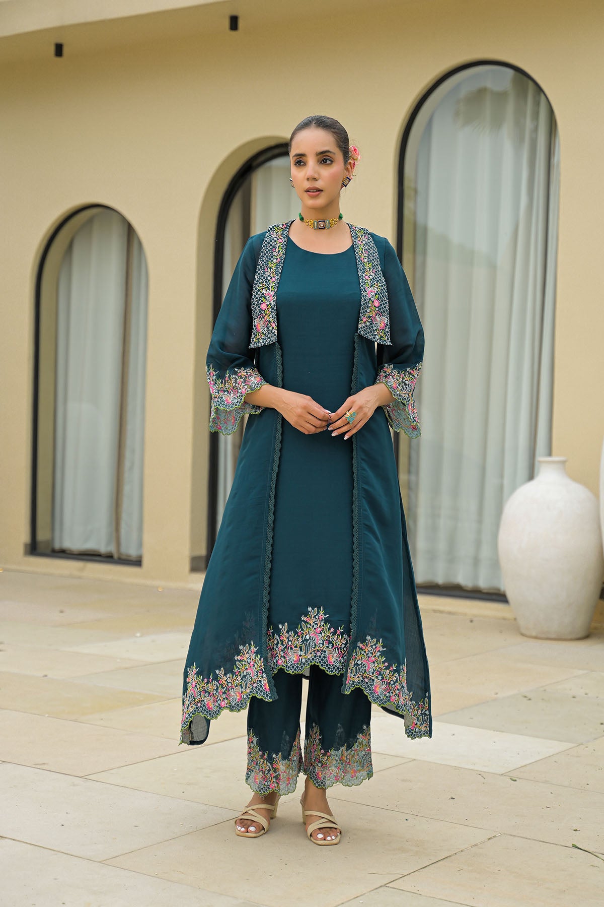 Turquoise Mul Chanderi Embroidered Shrug Set