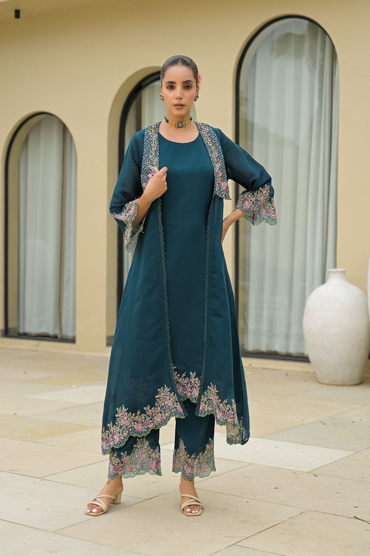 Turquoise Mul Chanderi Embroidered Shrug Set