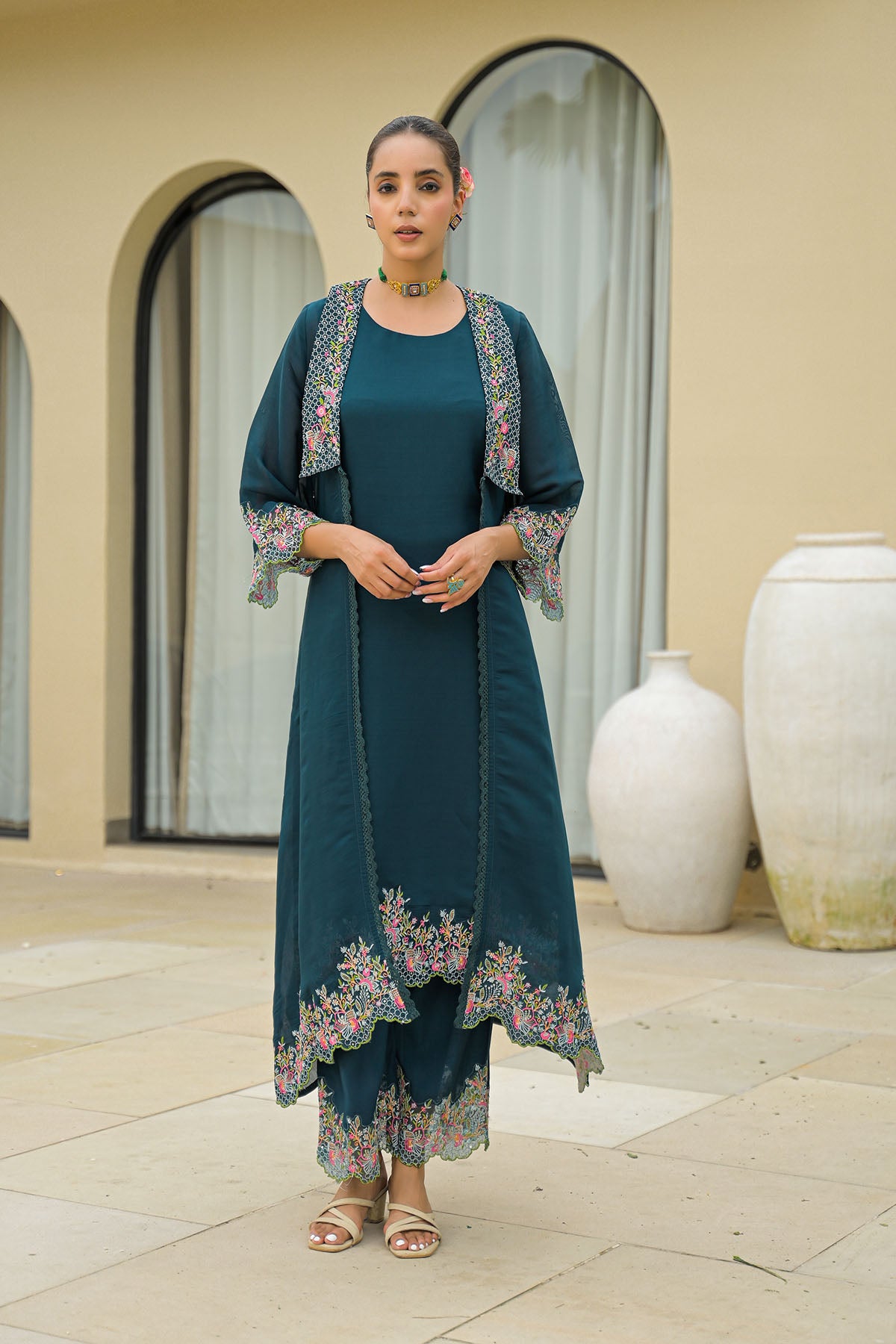 Turquoise Mul Chanderi Embroidered Shrug Set