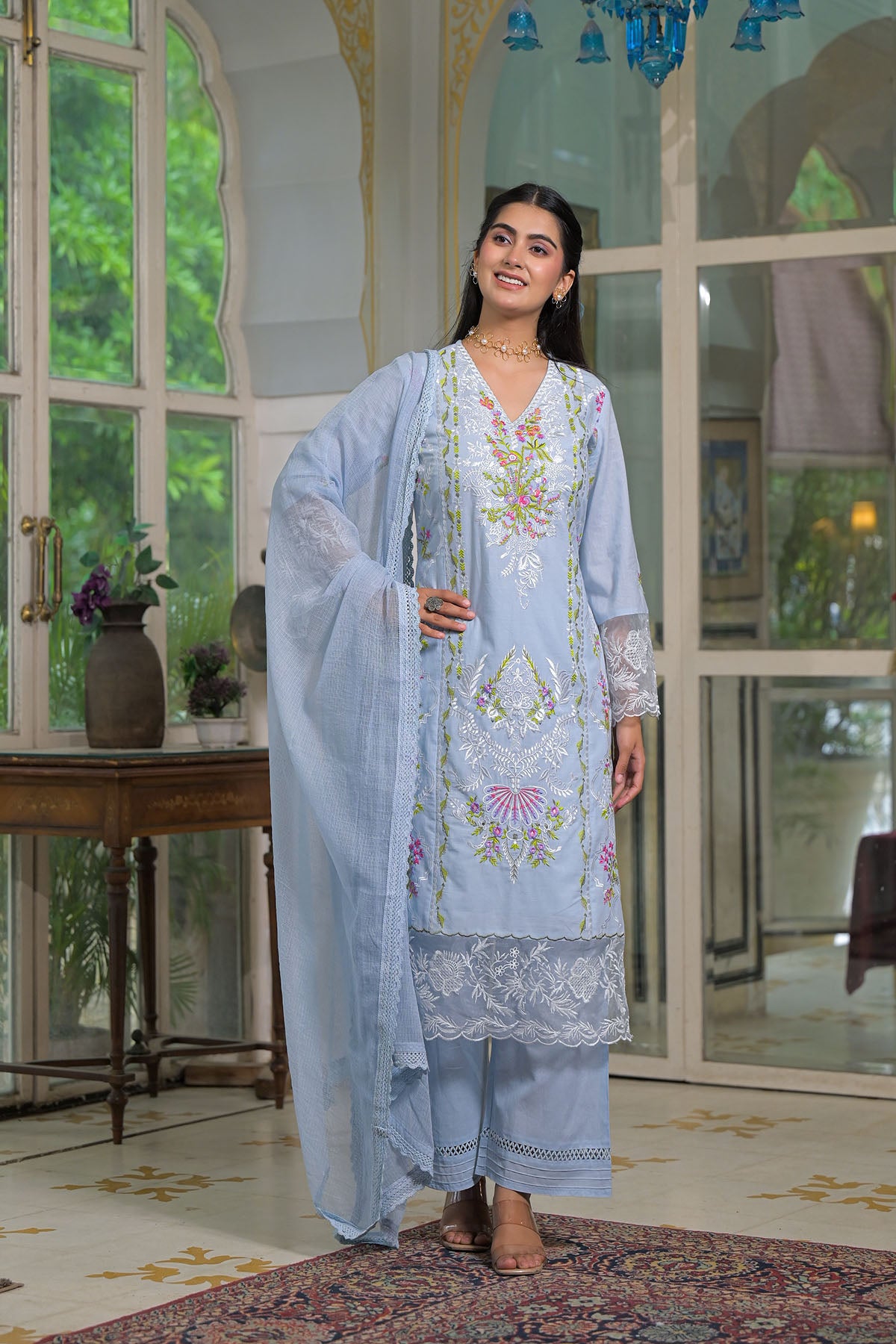 Blue Cotton Embroidered Straight Pakistani Suit