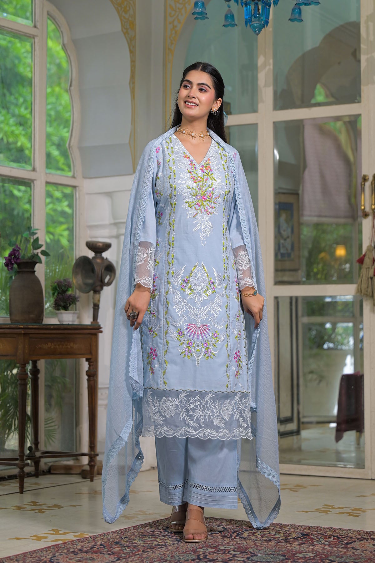Blue Cotton Embroidered Straight Pakistani Suit