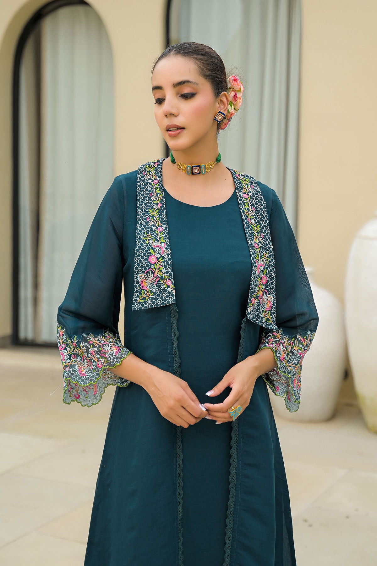 Turquoise Mul Chanderi Embroidered Shrug Set