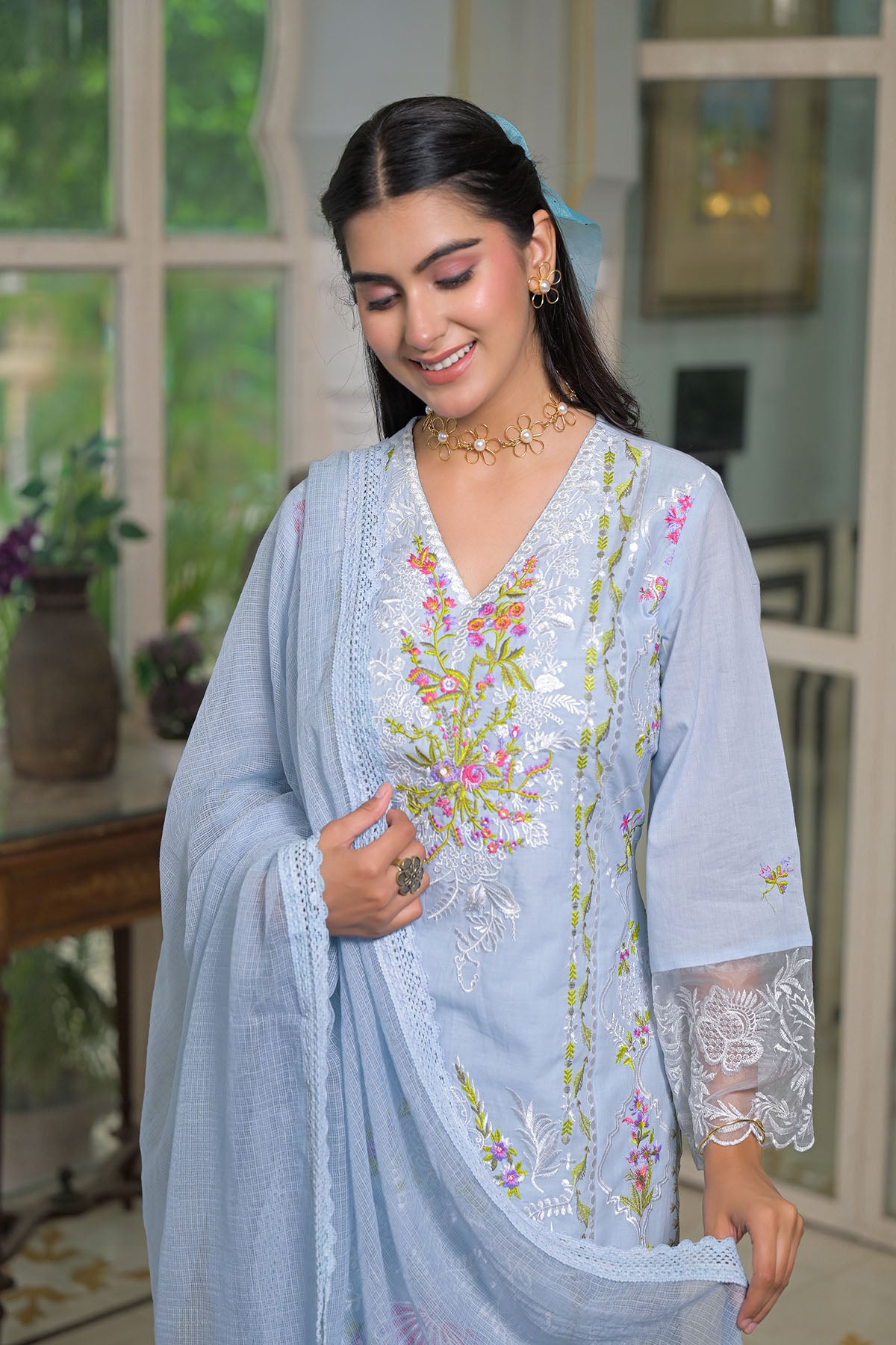 Blue Cotton Embroidered Straight Pakistani Suit