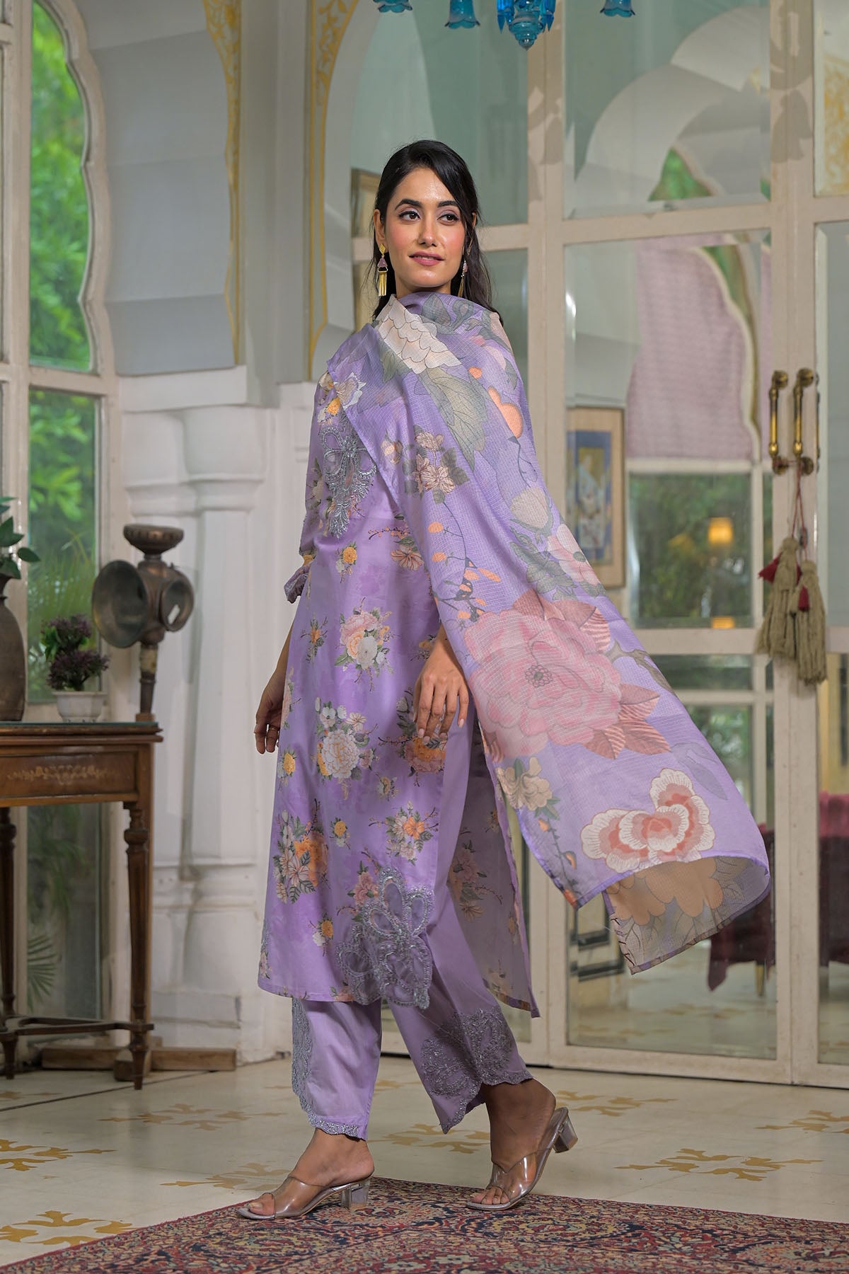Lavender Multicolor Cotton Straight-Cut Printed Suit