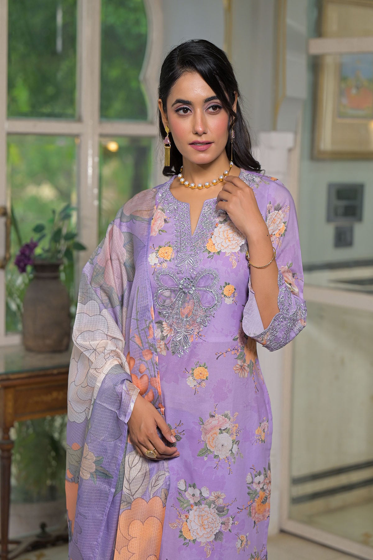 Lavender Multicolor Cotton Straight-Cut Printed Suit