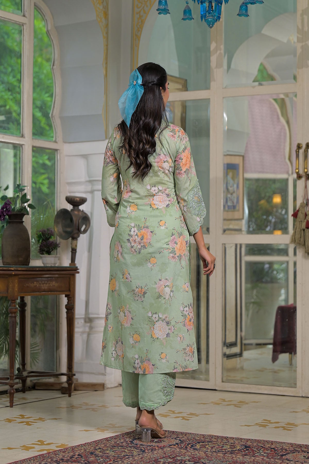 Green Multicolor Cotton Straight-Cut Printed Suit