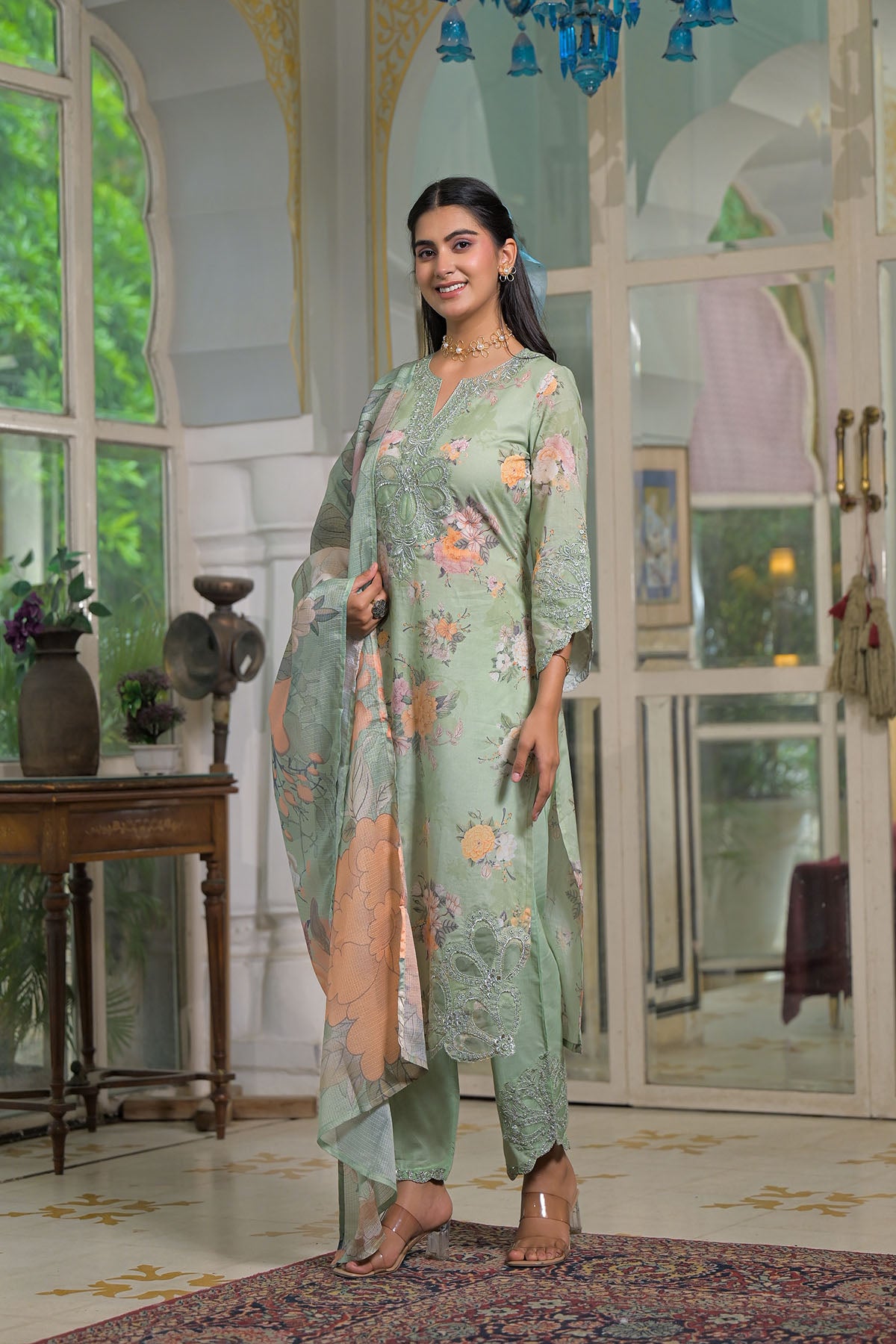 Green Multicolor Cotton Straight-Cut Printed Suit