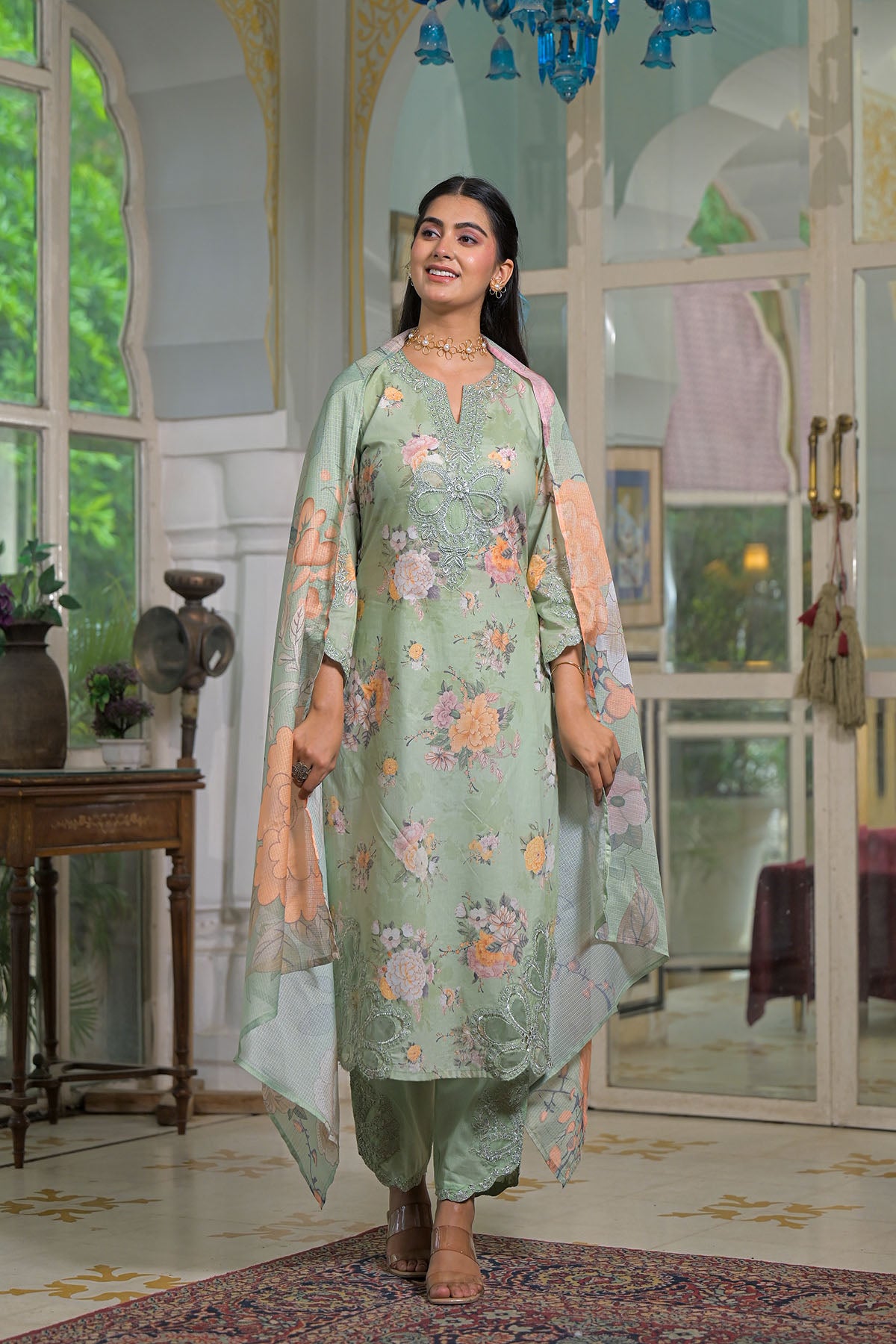 Green Multicolor Cotton Straight-Cut Printed Suit