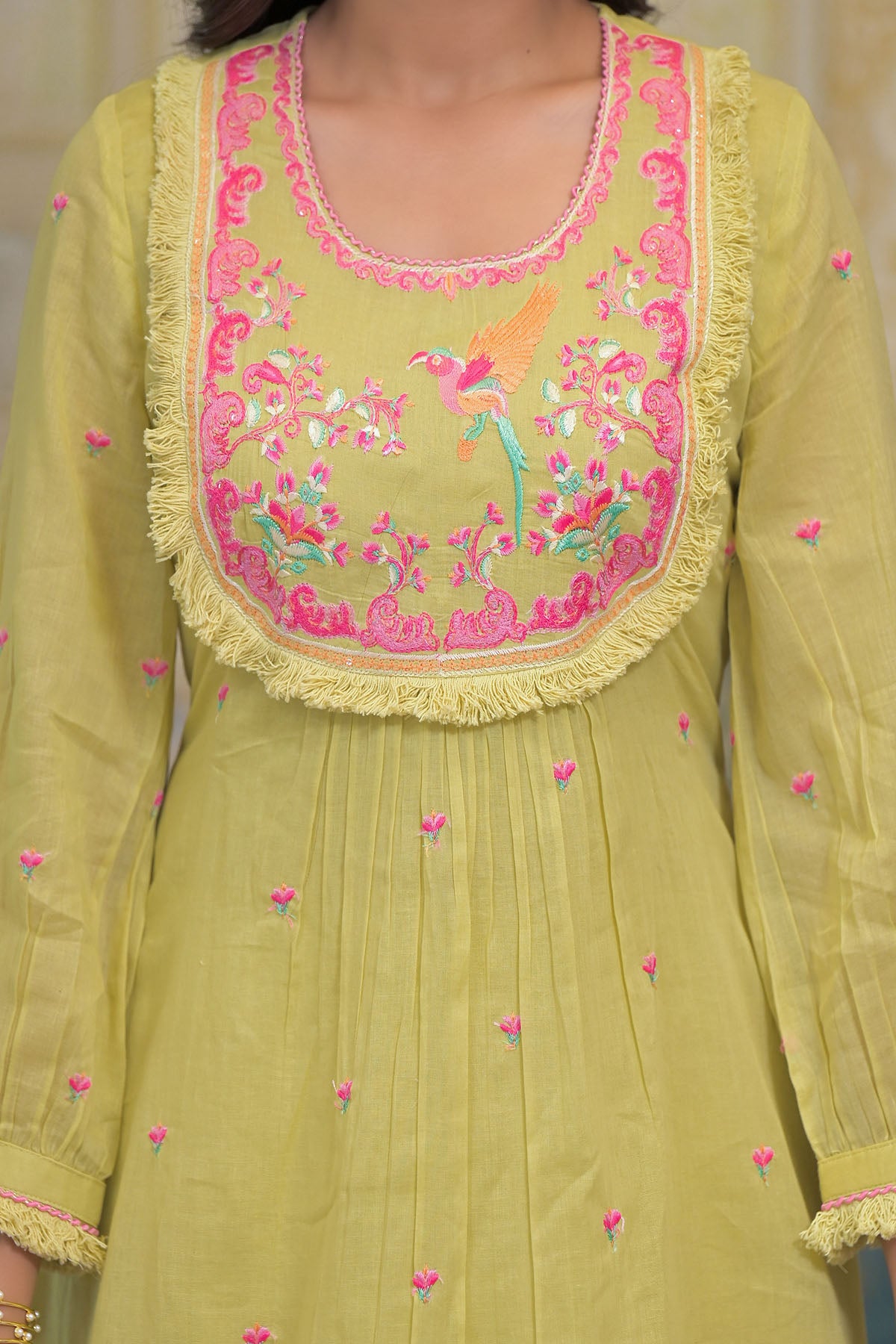 Mustard Yellow Cotton Embroidered Anarkali Suit